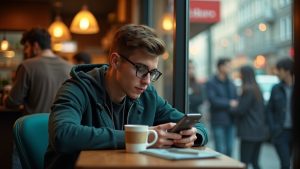 A young adult focused on their smartphone at a busy urban cafe, partially secluded amid the crowd with soft afternoon lighting highlighting the scene.