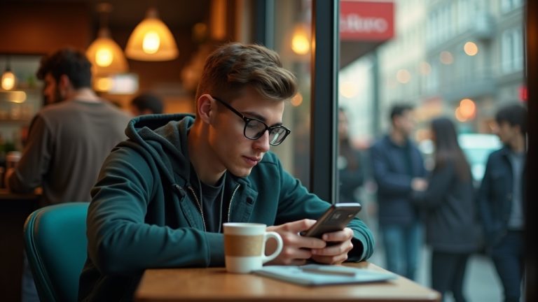 A young adult focused on their smartphone at a busy urban cafe, partially secluded amid the crowd with soft afternoon lighting highlighting the scene.