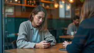 Young professional in a busy café focused on their smartphone, appearing puzzled by a message delay, surrounded by motion blur and warm ambient lighting.