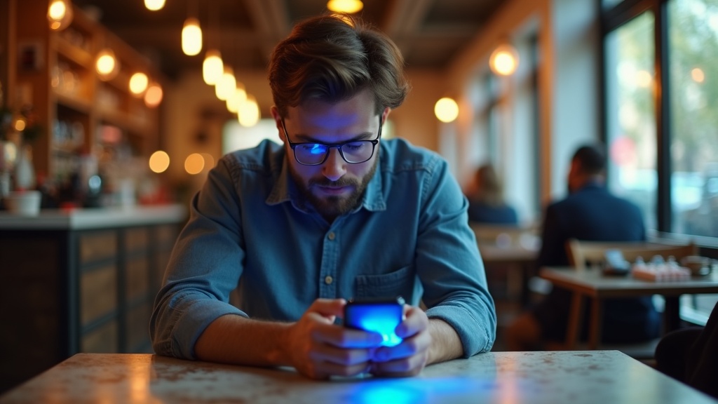 An entrepreneur at a busy cafe focuses on their smartphone as a text notification lights up their workspace, illustrating real-world business texting decisions.