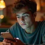 Young adult awaiting a reply while texting in a warmly lit, lively café, showing anticipation and genuine engagement.