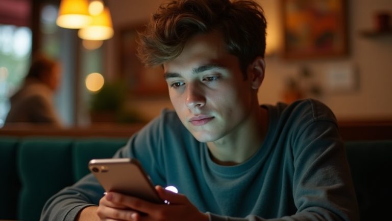 Young adult awaiting a reply while texting in a warmly lit, lively café, showing anticipation and genuine engagement.