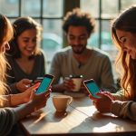 Group of friends at a cafe texting on various smartphones, highlighting mixed device use and shared connection.