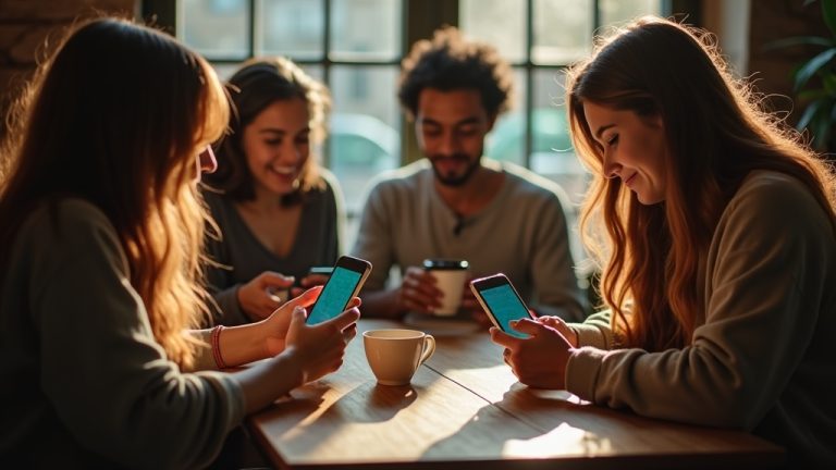 Group of friends at a cafe texting on various smartphones, highlighting mixed device use and shared connection.