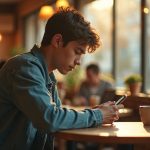 A young adult at a busy café intently checks their smartphone, appearing frustrated by a confusing text conversation amid the afternoon crowd.