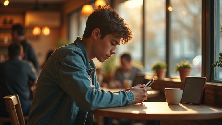 A young adult at a busy café intently checks their smartphone, appearing frustrated by a confusing text conversation amid the afternoon crowd.