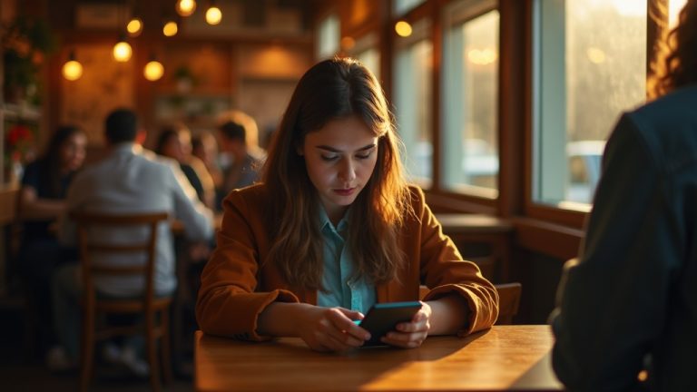 A young adult in a sunlit cafe looks with concern at their smartphone, focused and isolated from the relaxed background as they await a message status update.