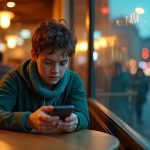A young adult at a café window intensely focused on a smartphone, attempting to delete messages, with city lights and activity blurred in the background.