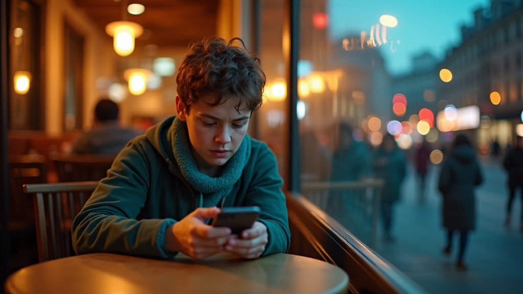 A young adult at a café window intensely focused on a smartphone, attempting to delete messages, with city lights and activity blurred in the background.