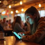 A young adult discreetly sends messages on a tablet in a lively café while nearby patrons remain unaware, highlighting private communication in a public space.