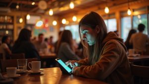 A young adult discreetly sends messages on a tablet in a lively café while nearby patrons remain unaware, highlighting private communication in a public space.