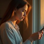 Anxious young adult by a window at sunset, checking their phone for message updates against a softly blurred, cozy interior.