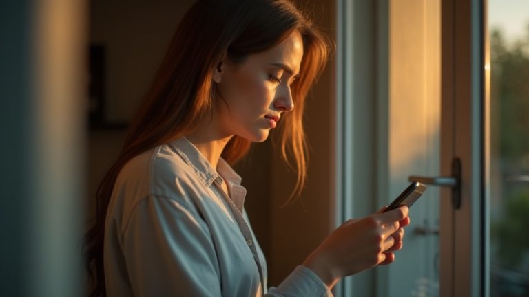 Anxious young adult by a window at sunset, checking their phone for message updates against a softly blurred, cozy interior.
