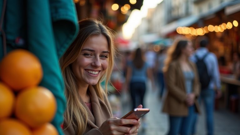 Two friends video chatting from opposite sides of a lively international market, highlighting real-time overseas communication amid vibrant surroundings.