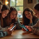 Friends at a café sharing a moment over their phones, some appearing confused and frustrated as they deal with group message issues.
