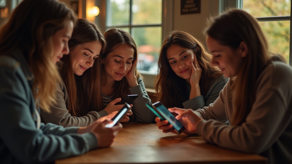 Friends at a café sharing a moment over their phones, some appearing confused and frustrated as they deal with group message issues.