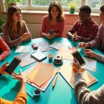 Small, diverse team collaborating around a colorful table in a cozy workspace, with devices and papers scattered as morning sunlight streams in.