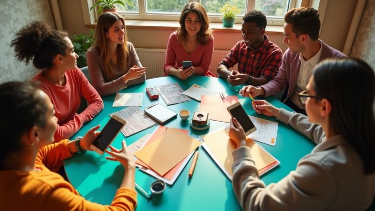 Small, diverse team collaborating around a colorful table in a cozy workspace, with devices and papers scattered as morning sunlight streams in.
