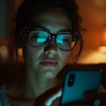 A concerned person mid-text under warm lighting, city lights softly blurred outside, highlighting private messaging vulnerability.