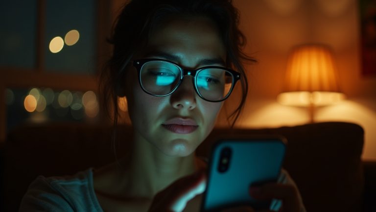 A concerned person mid-text under warm lighting, city lights softly blurred outside, highlighting private messaging vulnerability.