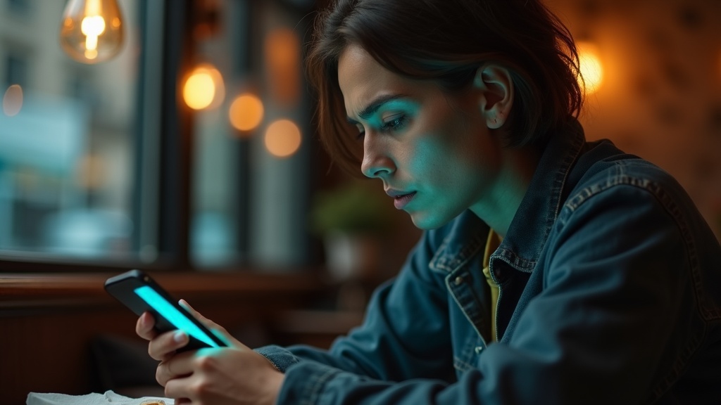 Person studying a smartphone screen with a thoughtful look in a softly lit café, illustrating curiosity about message status icons.