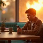 A young adult in a cozy coffee shop glancing between a smartphone and a sunlit window, reflecting on staying connected with automated text replies.