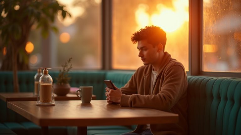 A young adult in a cozy coffee shop glancing between a smartphone and a sunlit window, reflecting on staying connected with automated text replies.