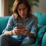 Frustrated woman on a teal couch focusing on her phone with several unread messages visible, embodying messaging frustrations in a modern living room setting.