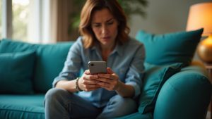 Frustrated woman on a teal couch focusing on her phone with several unread messages visible, embodying messaging frustrations in a modern living room setting.