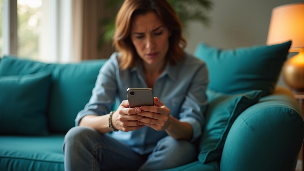 Frustrated woman on a teal couch focusing on her phone with several unread messages visible, embodying messaging frustrations in a modern living room setting.