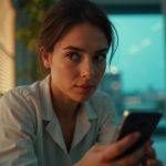 A focused business professional in a sunlit office contemplates a smartphone, highlighting the importance of compliance in business texting.