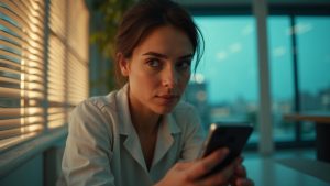 A focused business professional in a sunlit office contemplates a smartphone, highlighting the importance of compliance in business texting.