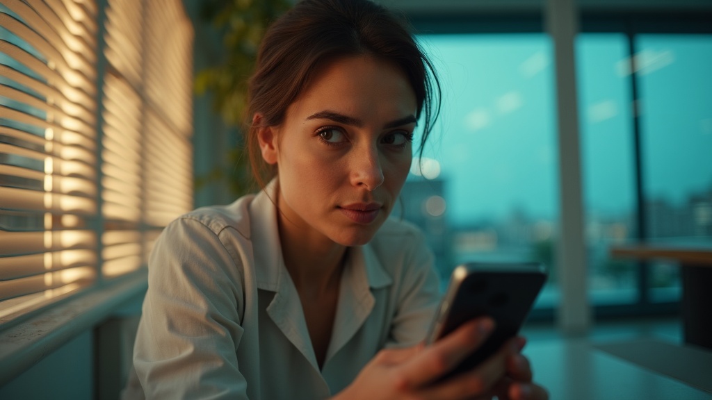 A focused business professional in a sunlit office contemplates a smartphone, highlighting the importance of compliance in business texting.