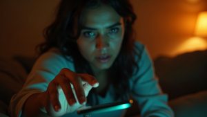 A person reaches urgently for their phone on a cozy couch, face tense with determination as they try to undo a sent text message in a warm, softly lit living room.