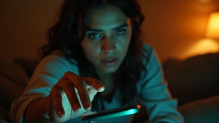 A person reaches urgently for their phone on a cozy couch, face tense with determination as they try to undo a sent text message in a warm, softly lit living room.