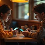 Two people at a cozy café comparing confusing text messages on their phones, highlighting everyday display differences.