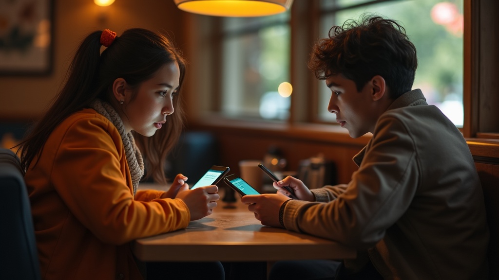 Two people at a cozy café comparing confusing text messages on their phones, highlighting everyday display differences.