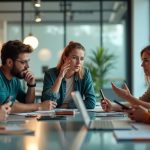 A diverse group of colleagues actively discussing texting solutions around a table in a bright, modern office, each engaged with their smartphones.