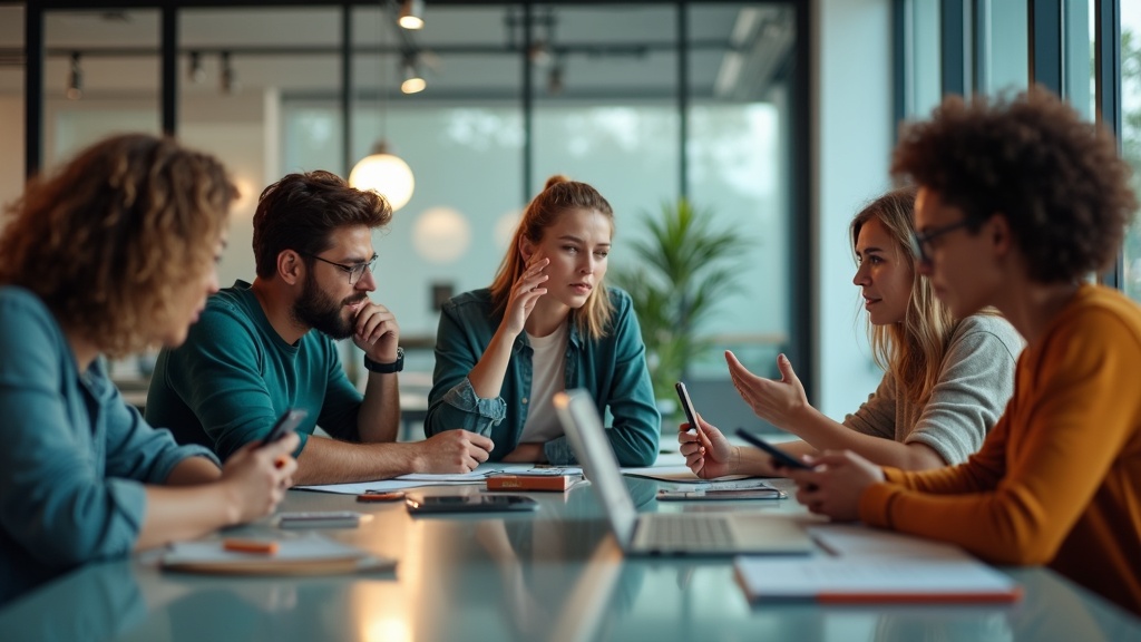 A diverse group of colleagues actively discussing texting solutions around a table in a bright, modern office, each engaged with their smartphones.