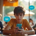 Young adult focused on their phone in a lively café, highlighted by blue text bubbles representing spam messages amid a warm, bustling atmosphere.