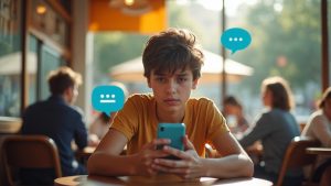 Young adult focused on their phone in a lively café, highlighted by blue text bubbles representing spam messages amid a warm, bustling atmosphere.