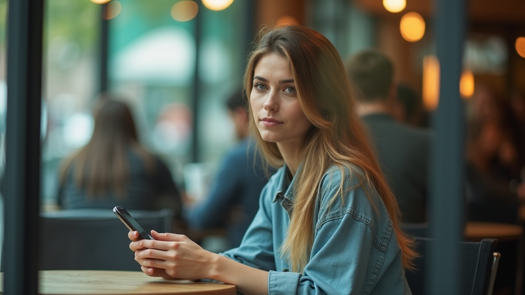 Young adult reflects on smartphone messages at a sunlit café table, urban bustle softly blurred behind.
