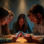 Coworkers in a modern office gather around a table, focused on their phones as warm lamplight creates a cozy yet professional atmosphere.