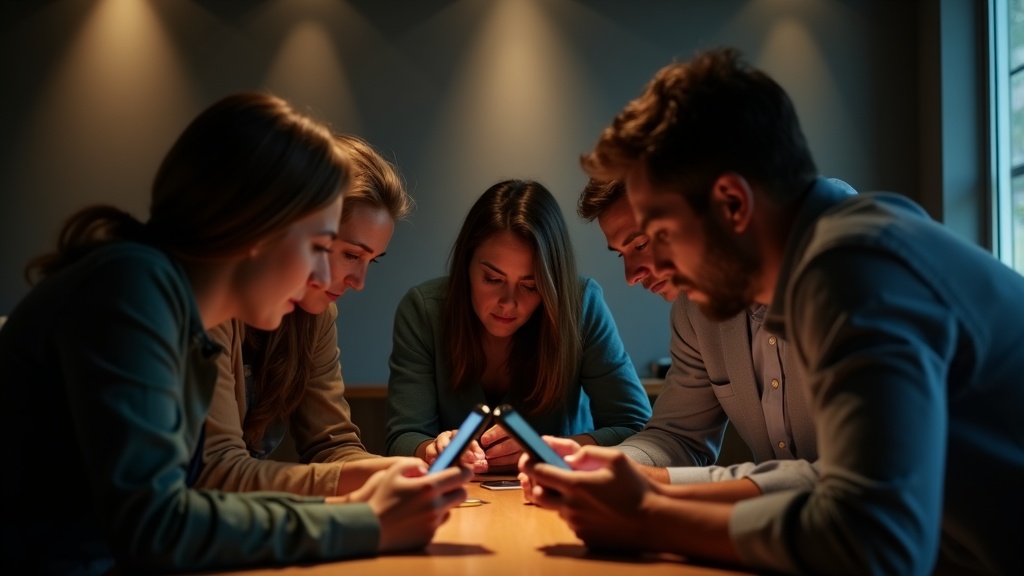 Coworkers in a modern office gather around a table, focused on their phones as warm lamplight creates a cozy yet professional atmosphere.