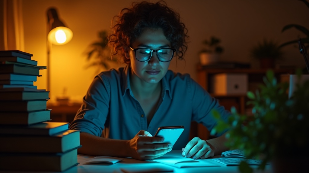 A person in their 30s focused on enhancing security settings on a smartphone in a warmly lit, cluttered home workspace at twilight.