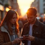 Young adults on a busy city street focus on their phones, reflecting curiosity about how text messages are delivered amid urban life.