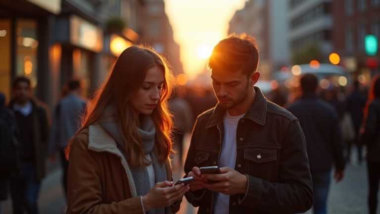 Young adults on a busy city street focus on their phones, reflecting curiosity about how text messages are delivered amid urban life.