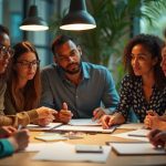Diverse colleagues in lively discussion around a cozy office table, exchanging ideas with a mix of curiosity and debate in a warmly lit workspace.