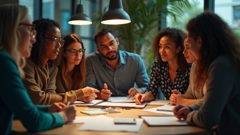 Diverse colleagues in lively discussion around a cozy office table, exchanging ideas with a mix of curiosity and debate in a warmly lit workspace.