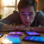 A young adult at a cluttered home office table, focused on several smartphones while trying to manage distracting text messages.